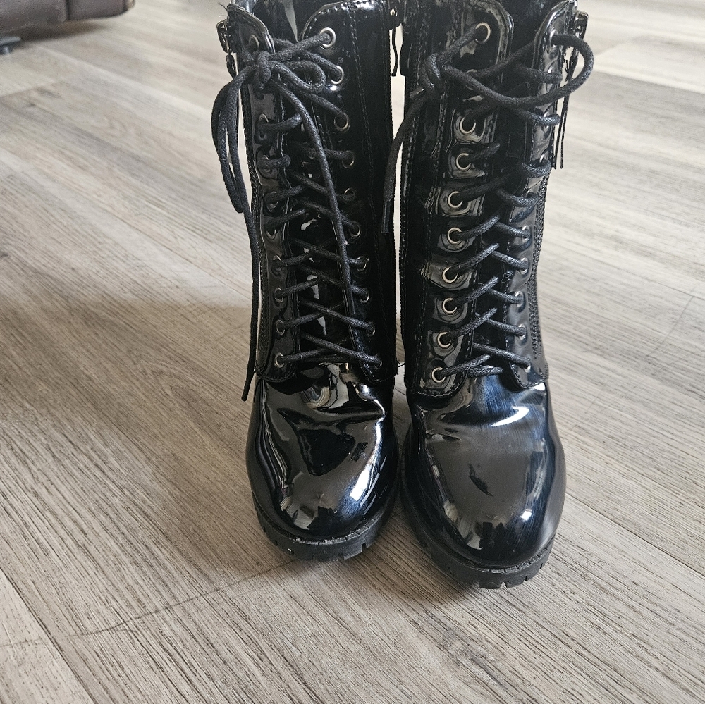 Gothic Glossy Leather Combat BootsBlackCombat Boots3.5"inch - Picture 4 of 7